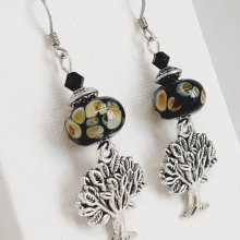 black glass beads earrings and silver plated tree of life pendant
